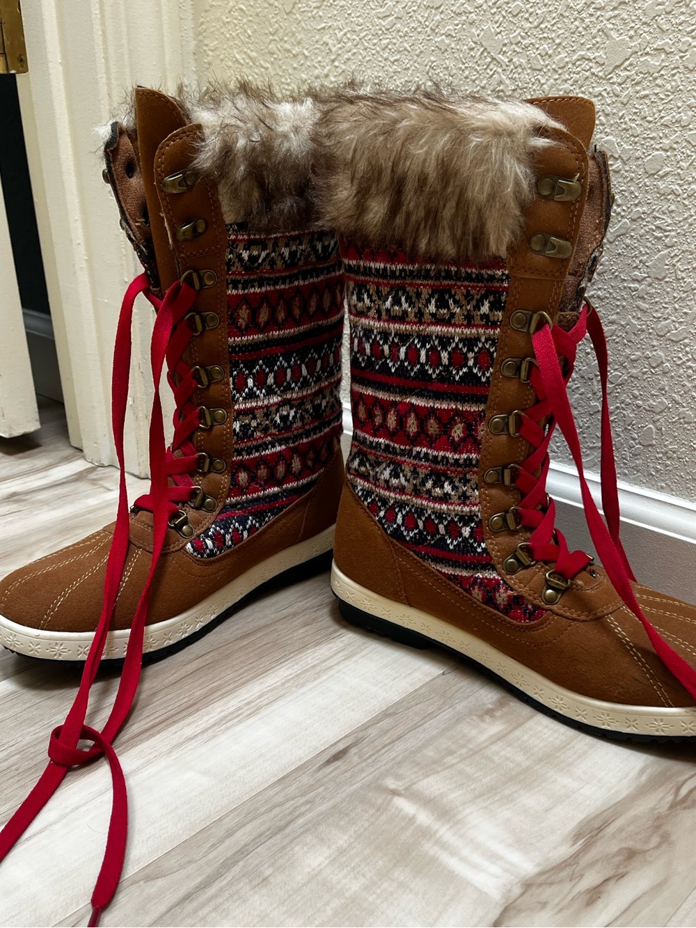 JustFab Women's Tan Faux-Fur Winter Lace-Up Boots with Fair Isle Knit Accents